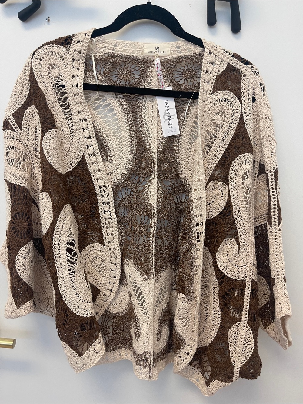 Cream & Brown Crochet Open Cardigan Sweater
